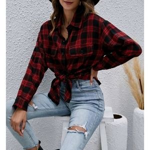 Preppy Buttoned Drop Shoulder Plaid Blouse